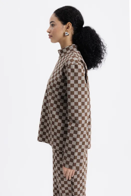 Bayan Kahverengi Dik Yakalı Bluz - BSL