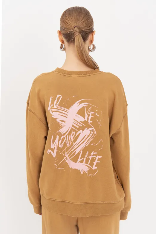 Bayan Hardal Baskı Detaylı Basıc Sweatshirt - BSL