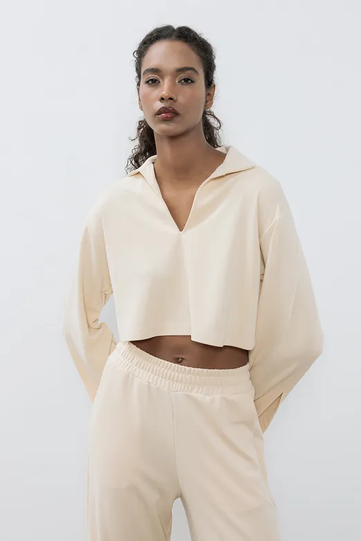 Bayan Ekru Modal PoloYaka Crop Bluz - BSL