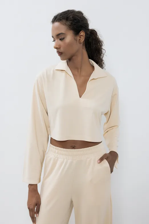 Bayan Ekru Modal PoloYaka Crop Bluz - BSL