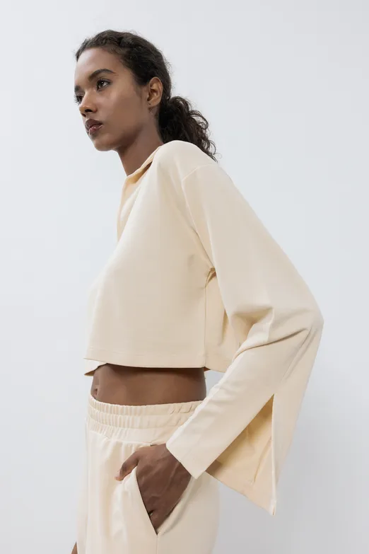 Bayan Ekru Modal PoloYaka Crop Bluz - BSL