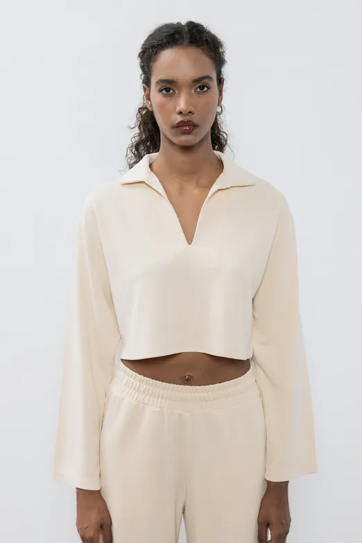 Bayan Ekru Modal PoloYaka Crop Bluz - BSL