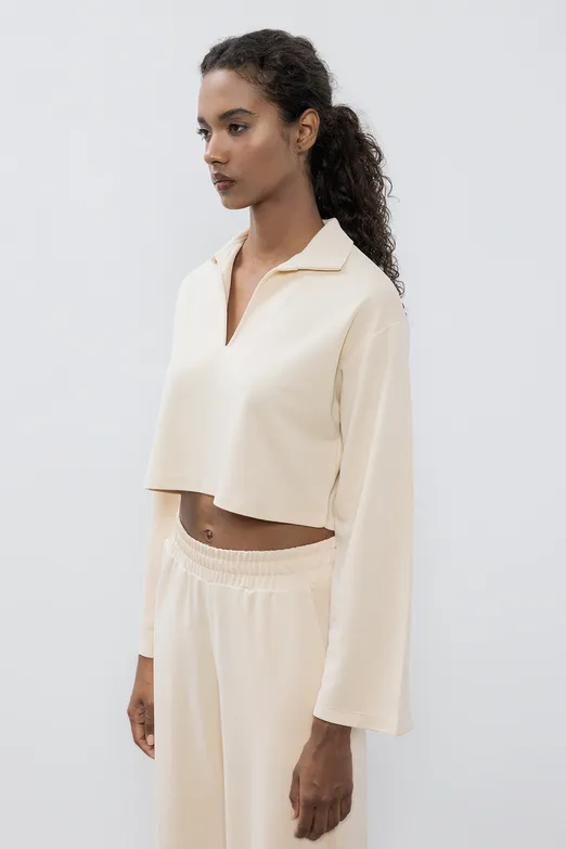 Bayan Ekru Modal PoloYaka Crop Bluz - BSL