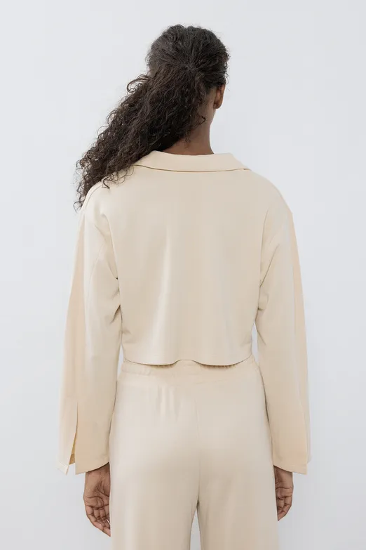 Bayan Ekru Modal PoloYaka Crop Bluz - BSL