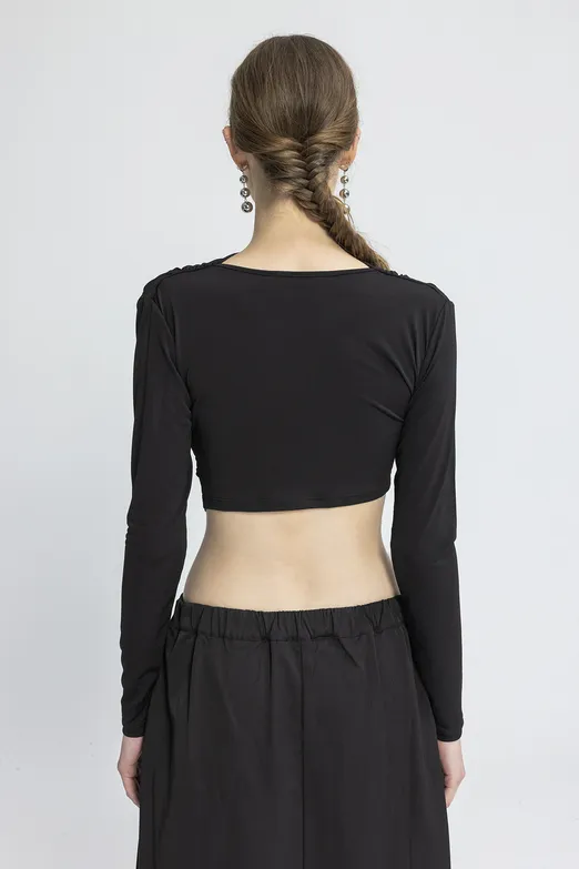 Bayan Siyah Dik Degaje Yakalı Crop Bluz - BSL