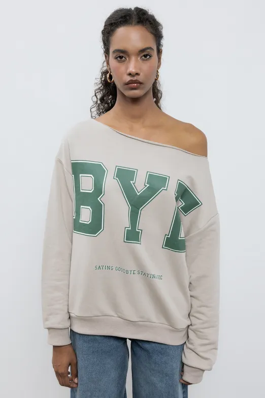 Bayan Bej Baskılı Kayık Yakalı Sweatshirt - BSL