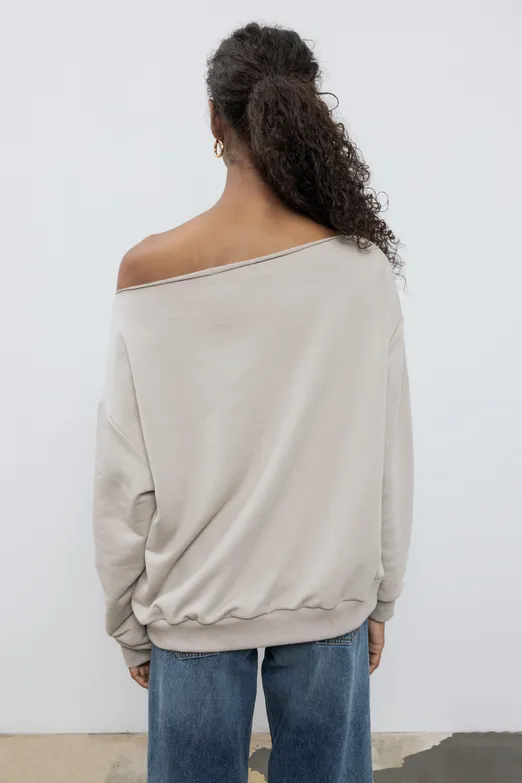 Bayan Bej Baskılı Kayık Yakalı Sweatshirt - BSL