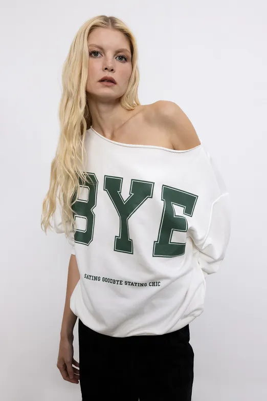 Bayan Ekru Baskılı Kayık Yakalı Sweatshirt - BSL