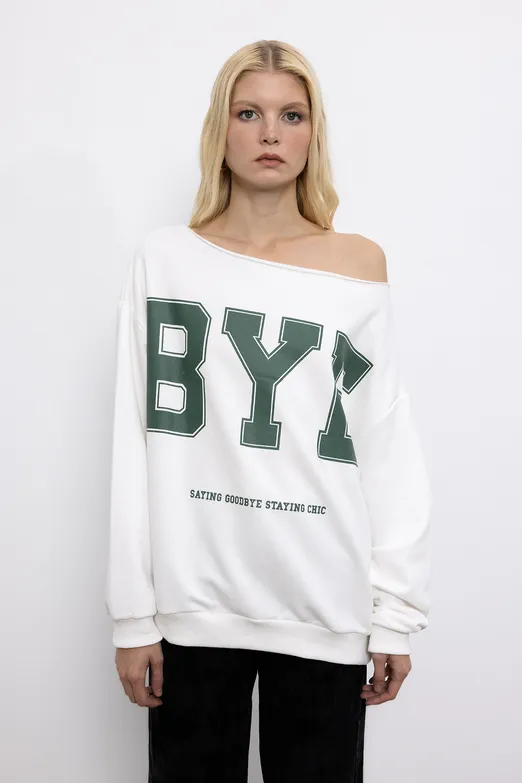 Bayan Ekru Baskılı Kayık Yakalı Sweatshirt - BSL
