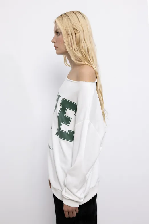 Bayan Ekru Baskılı Kayık Yakalı Sweatshirt - BSL