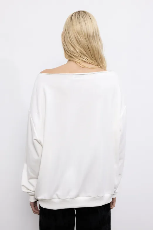 Bayan Ekru Baskılı Kayık Yakalı Sweatshirt - BSL