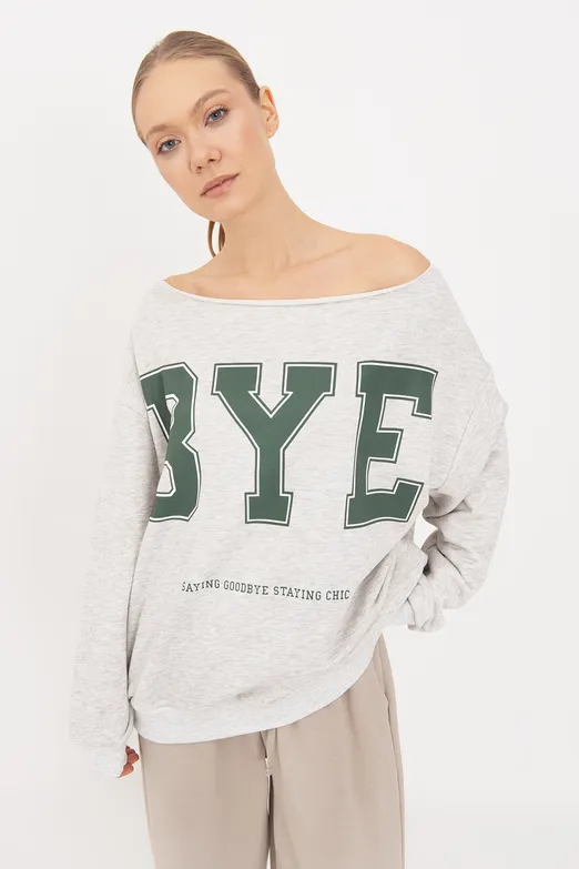 Bayan Gri Baskılı Kayık Yakalı Sweatshirt - BSL