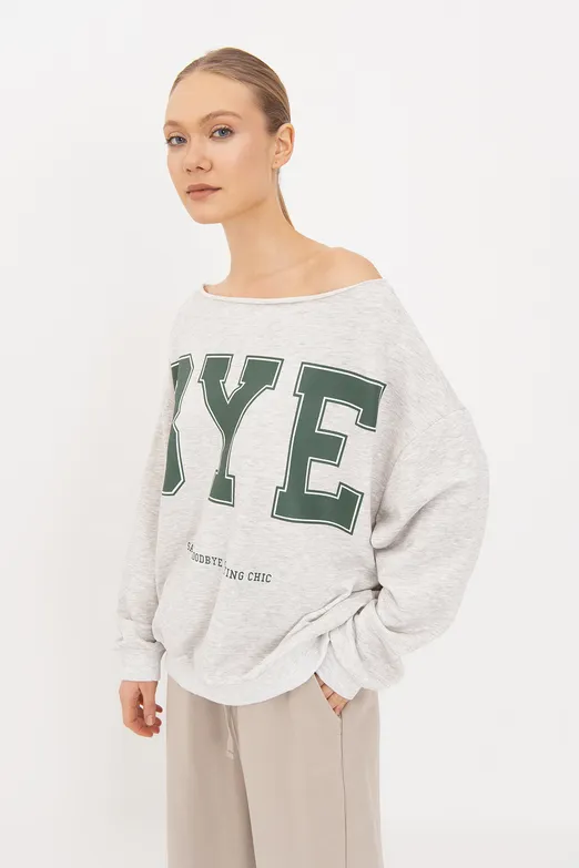 Bayan Gri Baskılı Kayık Yakalı Sweatshirt - BSL