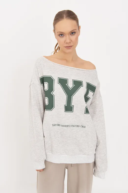 Bayan Gri Baskılı Kayık Yakalı Sweatshirt - BSL