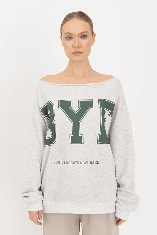 Bayan Gri Baskılı Kayık Yakalı Sweatshirt - BSL