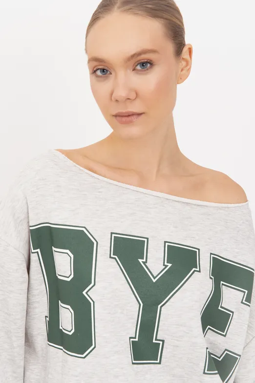 Bayan Gri Baskılı Kayık Yakalı Sweatshirt - BSL