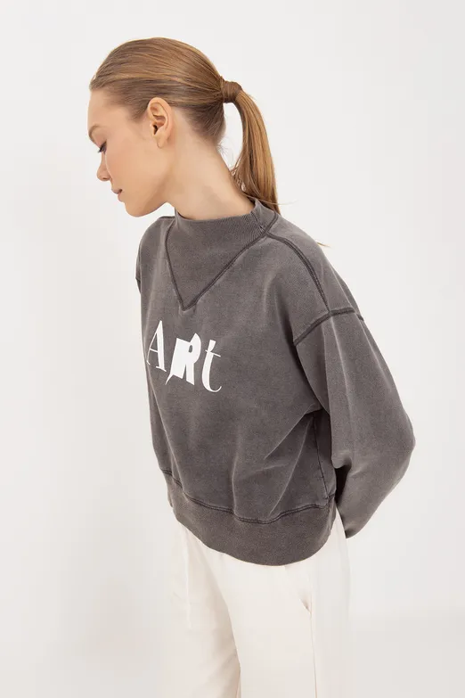 Bayan Antrasit Yıkamalı Baskılı Sweatshirt - BSL