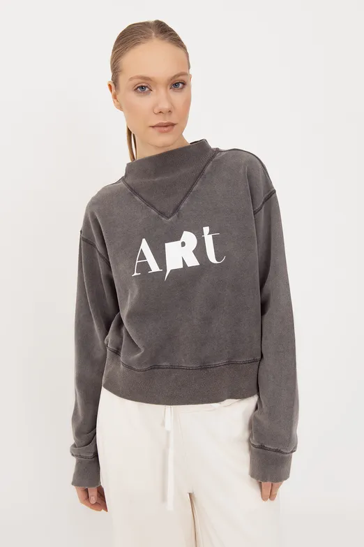 Bayan Antrasit Yıkamalı Baskılı Sweatshirt - BSL