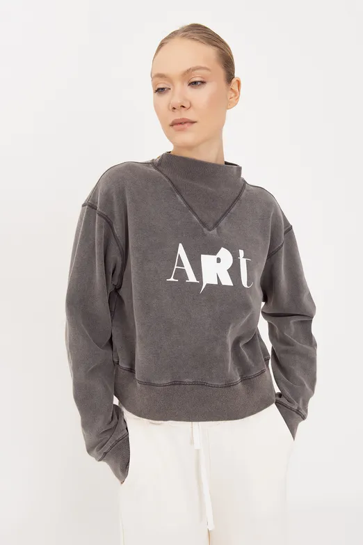 Bayan Antrasit Yıkamalı Baskılı Sweatshirt - BSL