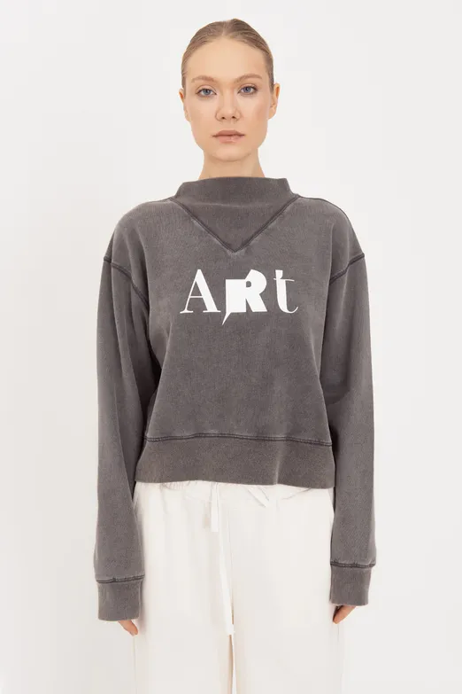 Bayan Antrasit Yıkamalı Baskılı Sweatshirt - BSL