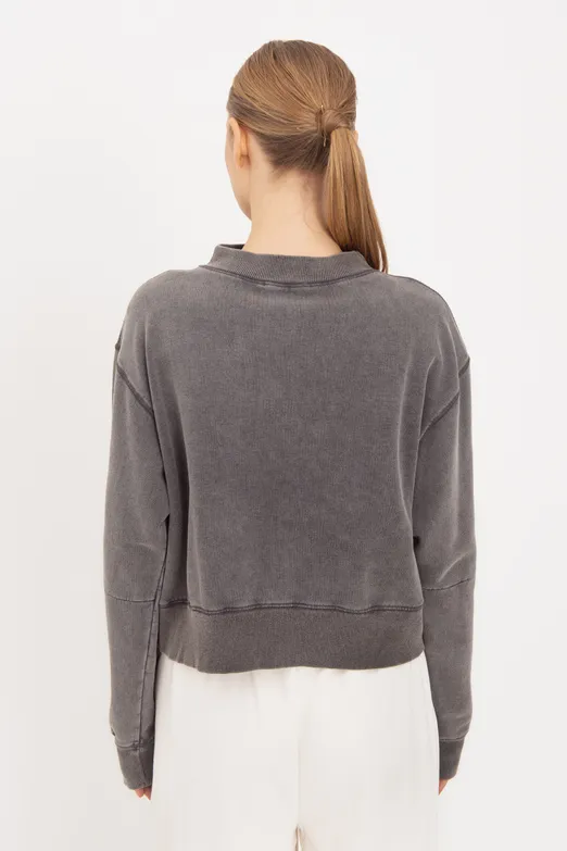 Bayan Antrasit Yıkamalı Baskılı Sweatshirt - BSL