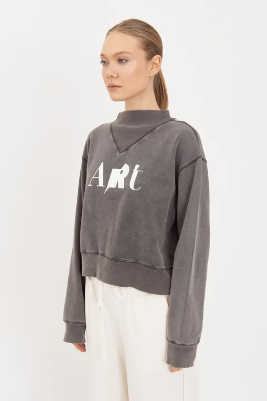 Bayan Antrasit Yıkamalı Baskılı Sweatshirt - BSL