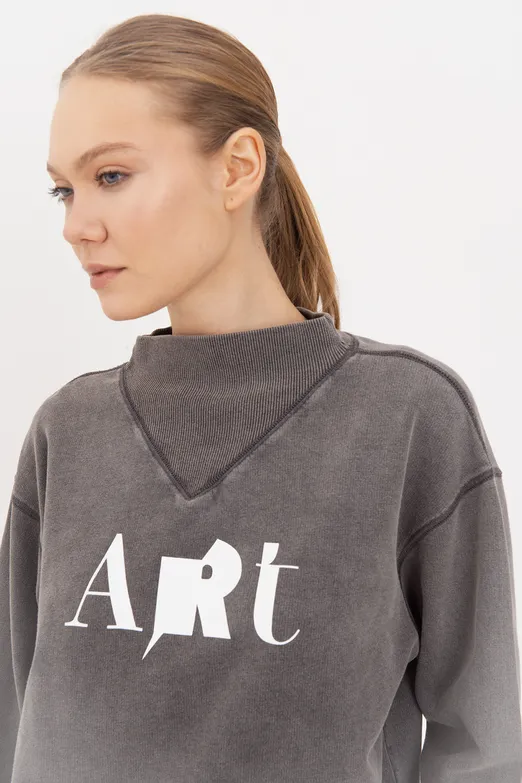 Bayan Antrasit Yıkamalı Baskılı Sweatshirt - BSL