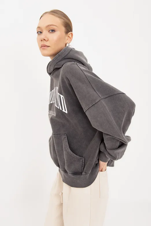 Bayan Antrasit Yıkamalı Baskılı  Kapüşonlu Oversize Sweatshirt - BSL