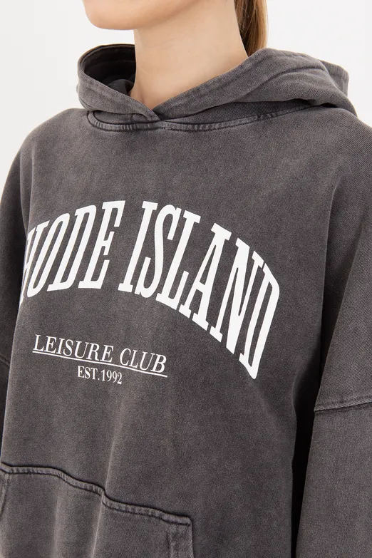 Bayan Antrasit Yıkamalı Baskılı  Kapüşonlu Oversize Sweatshirt - BSL