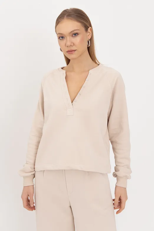 Bayan Bej Patlı Cotton Sweatshirt - BSL