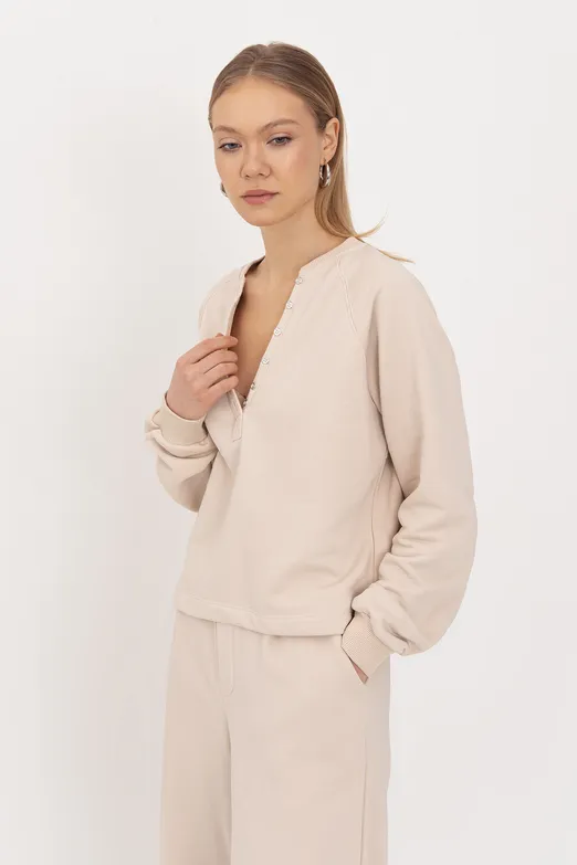 Bayan Bej Patlı Cotton Sweatshirt - BSL