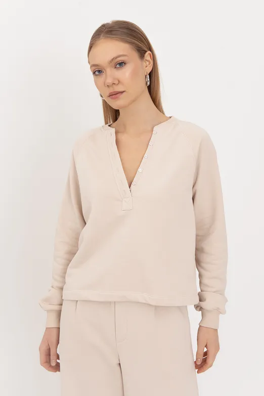 Bayan Bej Patlı Cotton Sweatshirt - BSL