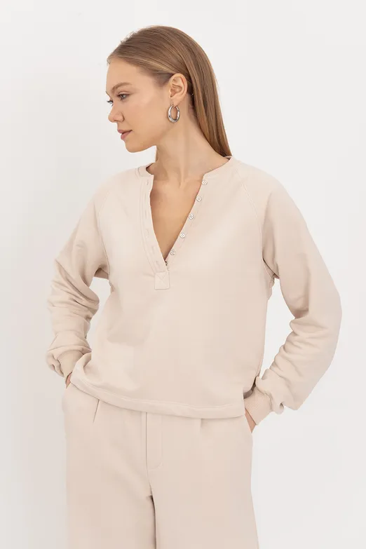 Bayan Bej Patlı Cotton Sweatshirt - BSL