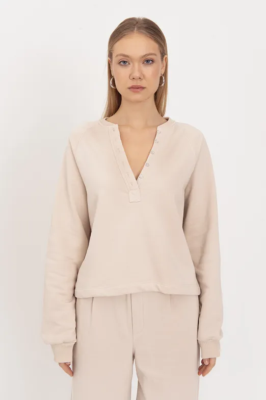 Bayan Bej Patlı Cotton Sweatshirt - BSL