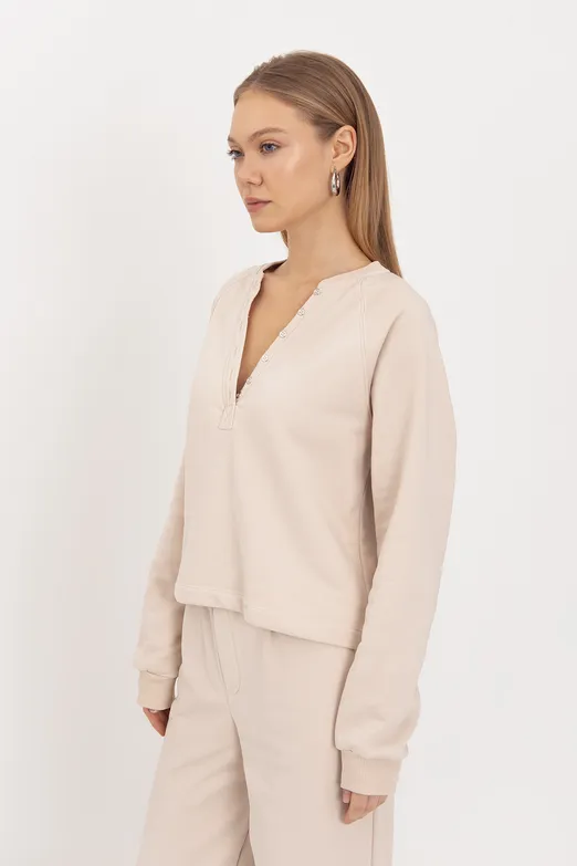 Bayan Bej Patlı Cotton Sweatshirt - BSL