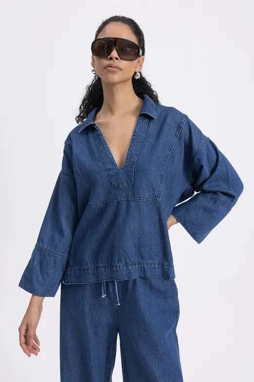 Bayan Lacivert Yaka Detaylı Denim Bluz - BSL