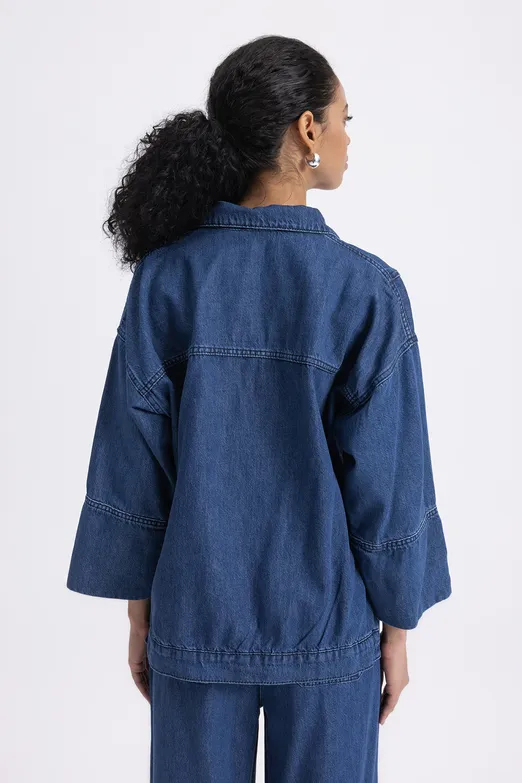 Bayan Lacivert Yaka Detaylı Denim Bluz - BSL