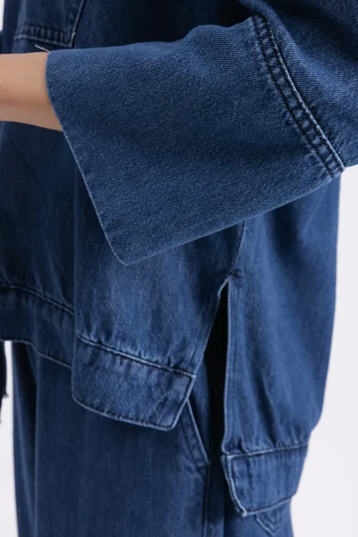 Bayan Lacivert Yaka Detaylı Denim Bluz - BSL