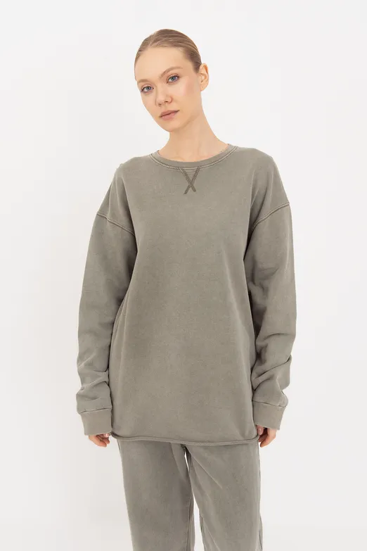 Bayan Haki Yıkamalı Baskılı Sweatshirt - BSL