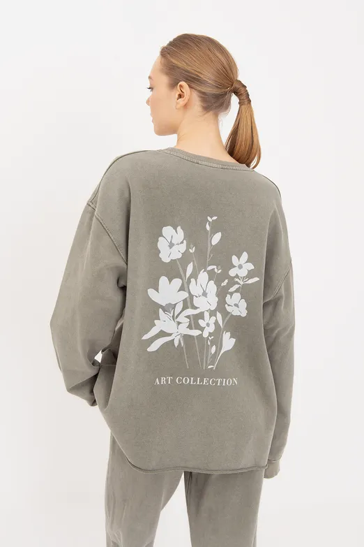 Bayan Haki Yıkamalı Baskılı Sweatshirt - BSL