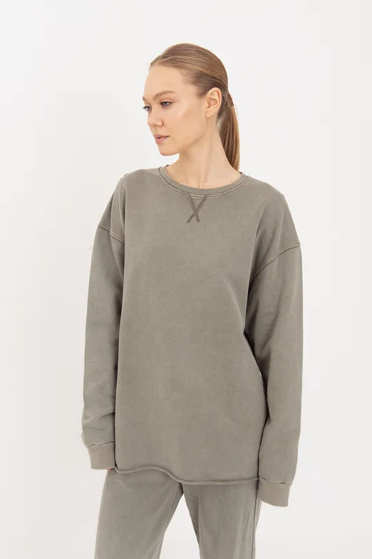 Bayan Haki Yıkamalı Baskılı Sweatshirt - BSL