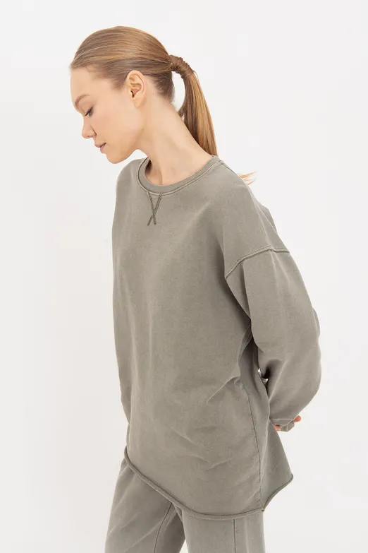 Bayan Haki Yıkamalı Baskılı Sweatshirt - BSL