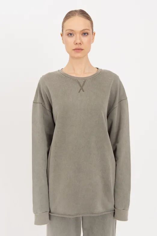 Bayan Haki Yıkamalı Baskılı Sweatshirt - BSL