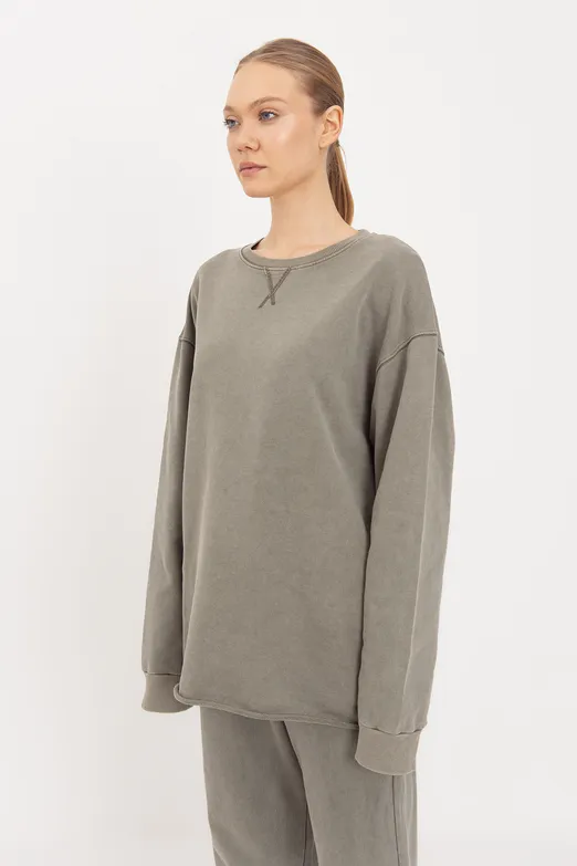 Bayan Haki Yıkamalı Baskılı Sweatshirt - BSL