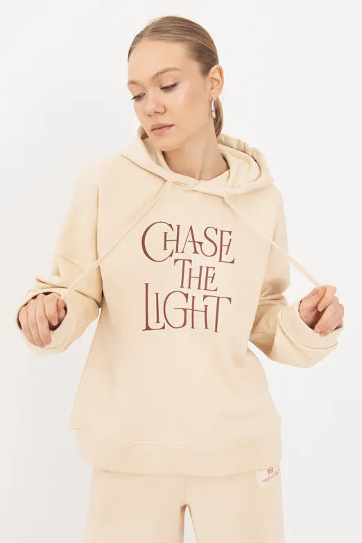 Bayan Krem Baskılı Kapüşonlu Sweatshırt - BSL