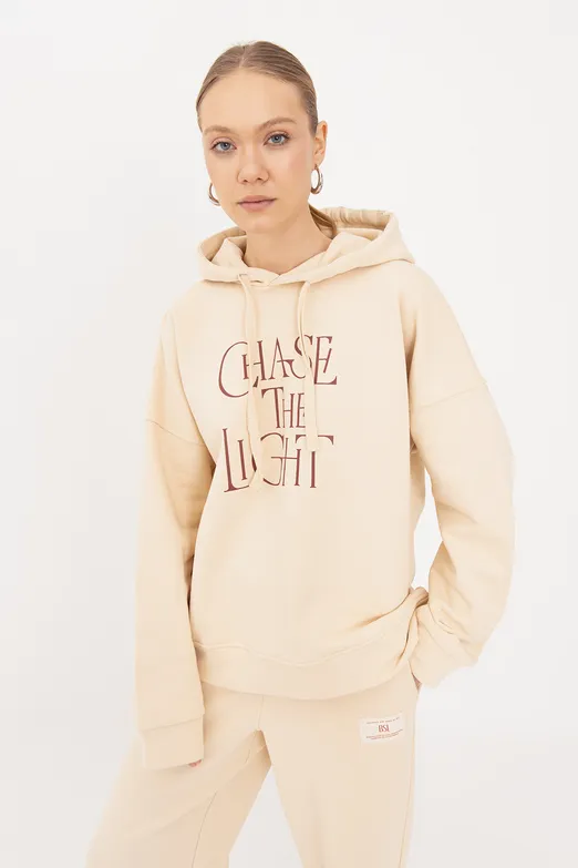 Bayan Krem Baskılı Kapüşonlu Sweatshırt - BSL