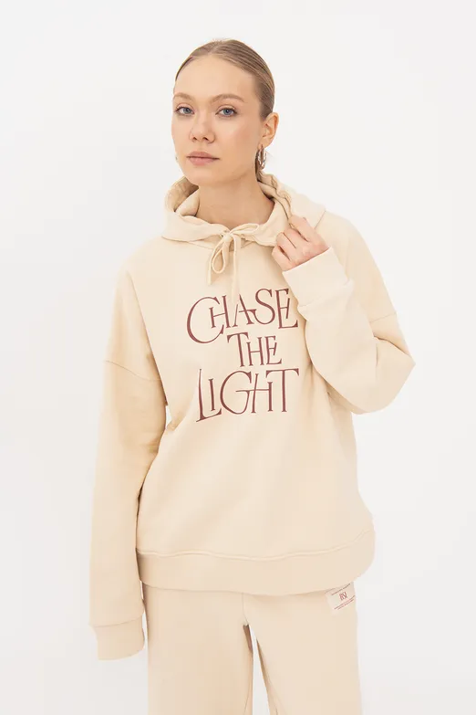 Bayan Krem Baskılı Kapüşonlu Sweatshırt - BSL
