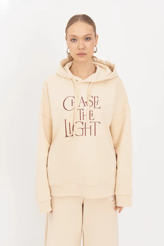 Bayan Krem Baskılı Kapüşonlu Sweatshırt - BSL