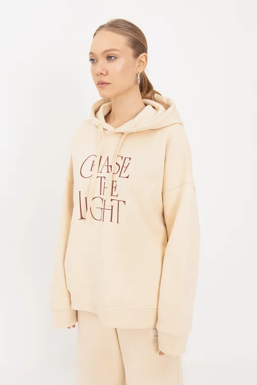 Bayan Krem Baskılı Kapüşonlu Sweatshırt - BSL