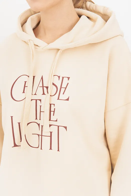 Bayan Krem Baskılı Kapüşonlu Sweatshırt - BSL